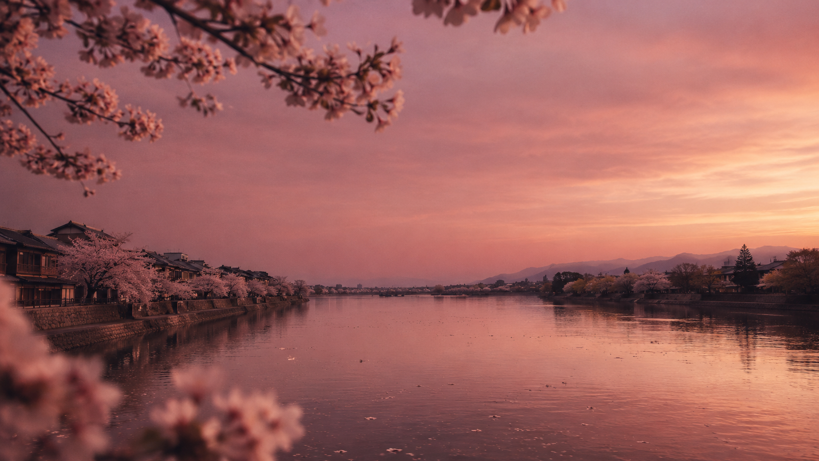 Japanese cherry blossoms reflected on water