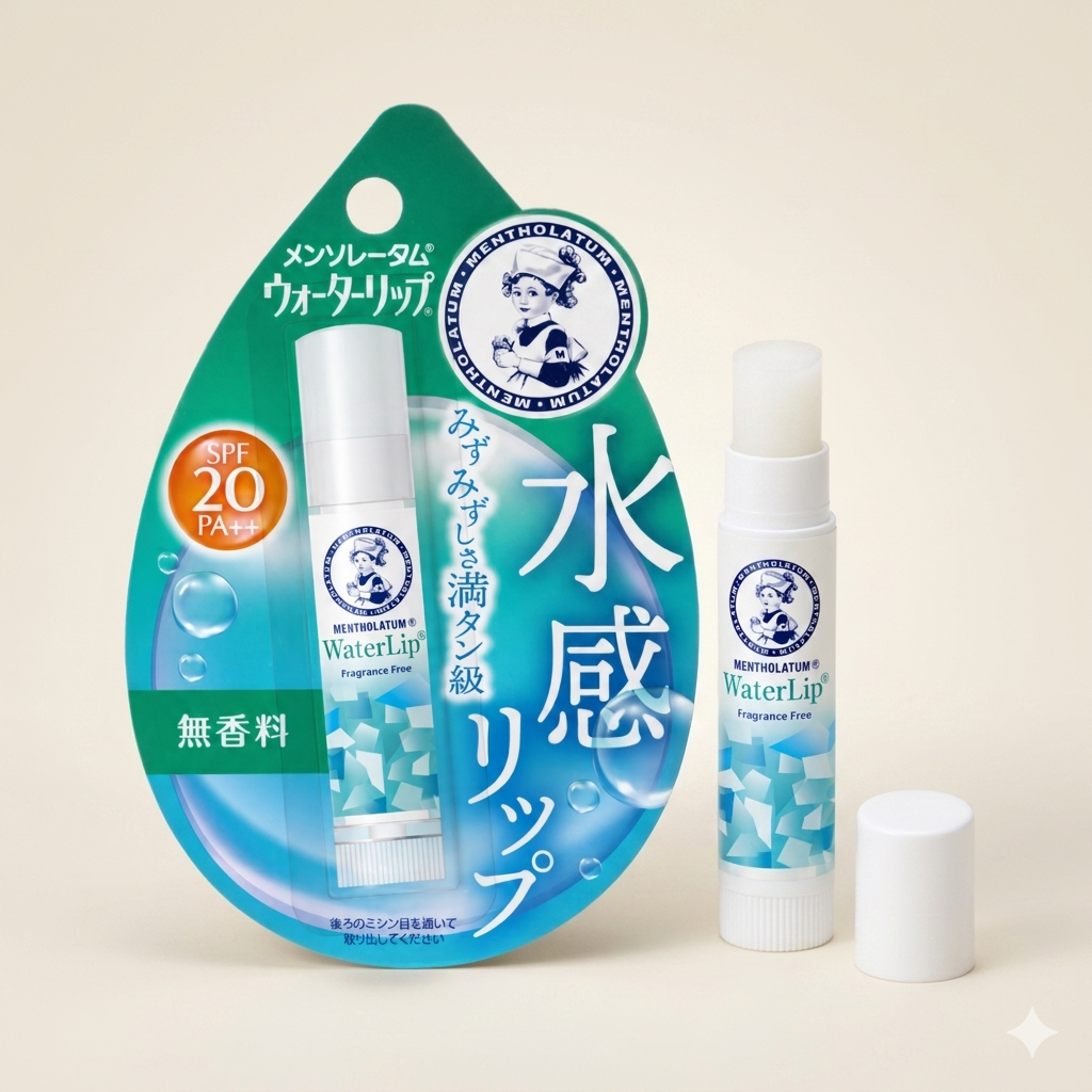 Rohto Mentholatum Water Lip Cream sleek stick, Japanese professional water-infused hydrating lip balm with SPF 20 PA++, Hyaluronic Acid, and Collagen.