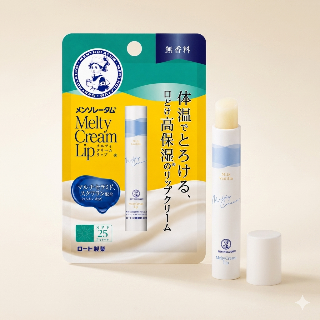 Rohto Mentholatum Melty Cream Lip Unscented stick, Japanese professional fragrance-free thermal-melting lip balm with SPF 25 PA+++ and multi-ceramides.