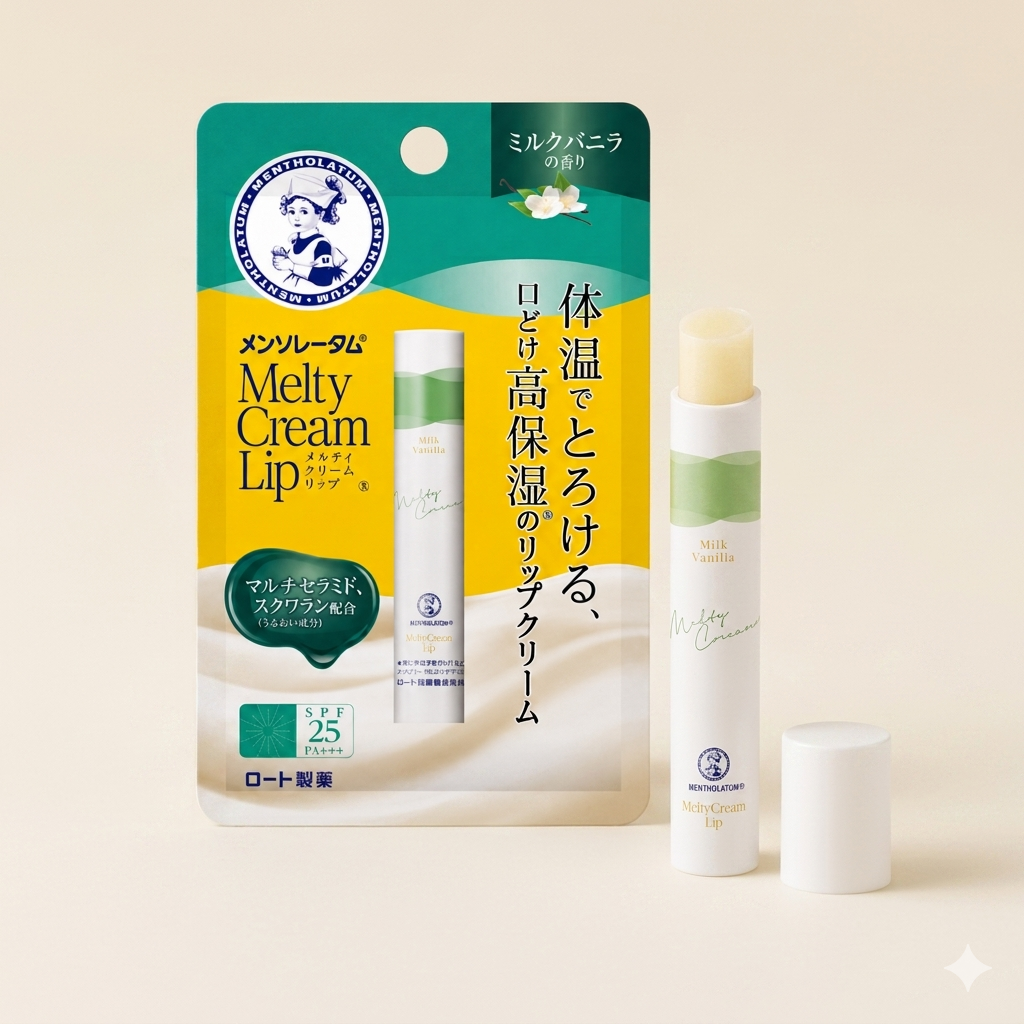 Rohto Mentholatum Melty Cream Lip Milk Vanilla stick, Japanese professional thermal-melting lip balm with SPF 25 PA+++ and multi-ceramides.