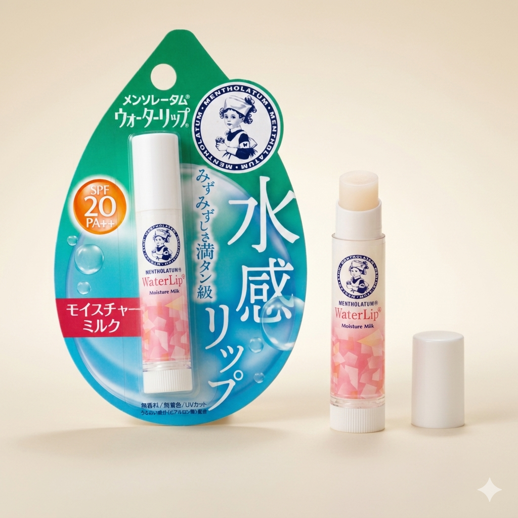 Rohto Mentholatum Water Lip Moisture Milk sleek stick, Japanese professional milk-infused hydrating lip balm with SPF 20 PA++, Hyaluronic Acid, and Collagen