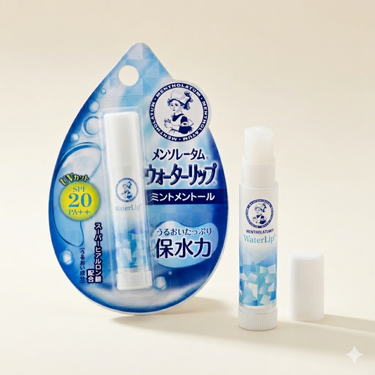 Rohto Mentholatum Water Lip Balm Mint Menthol stick, Japanese professional cooling water-infused hydrating lip balm with SPF 20 PA++, Hyaluronic Acid, and Collagen