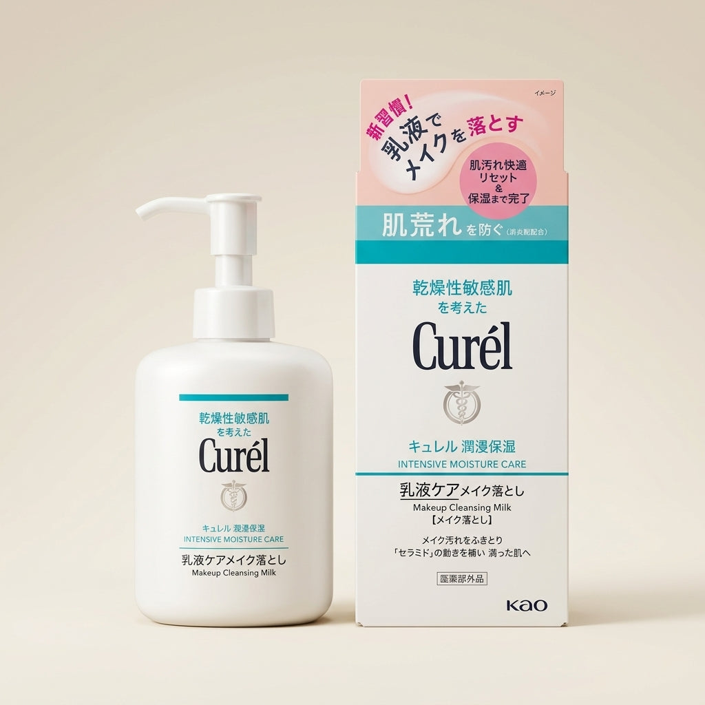 Curel Moisturizing Emulsion Care Makeup Remover 200ml pump bottle, Japanese professional high-hydration and friction-free ceramide-care makeup remover.
