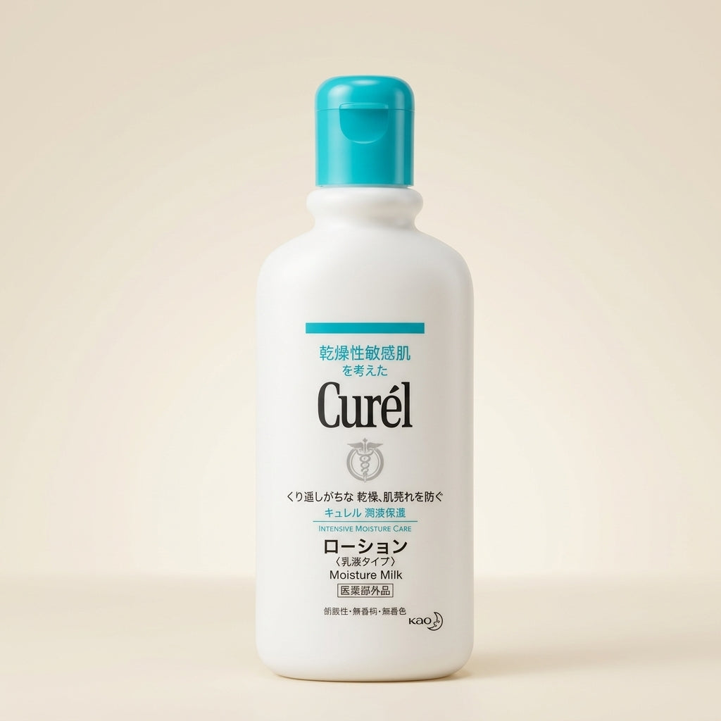 Curel Moisture Milk 220ml bottle, lightweight fluid moisturizer for face and body.