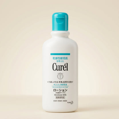 Curel Moisture Milk 220ml bottle, lightweight fluid moisturizer for face and body.
