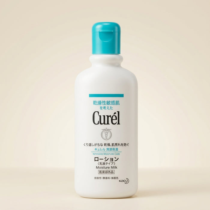 Curel Moisture Milk 220ml bottle, lightweight fluid moisturizer for face and body.
