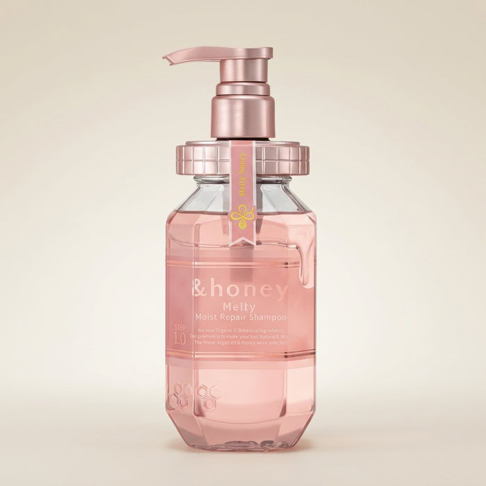 &honey Melty Moist Repair Shampoo 1.0 440ml gold bottle with honey-inspired design.