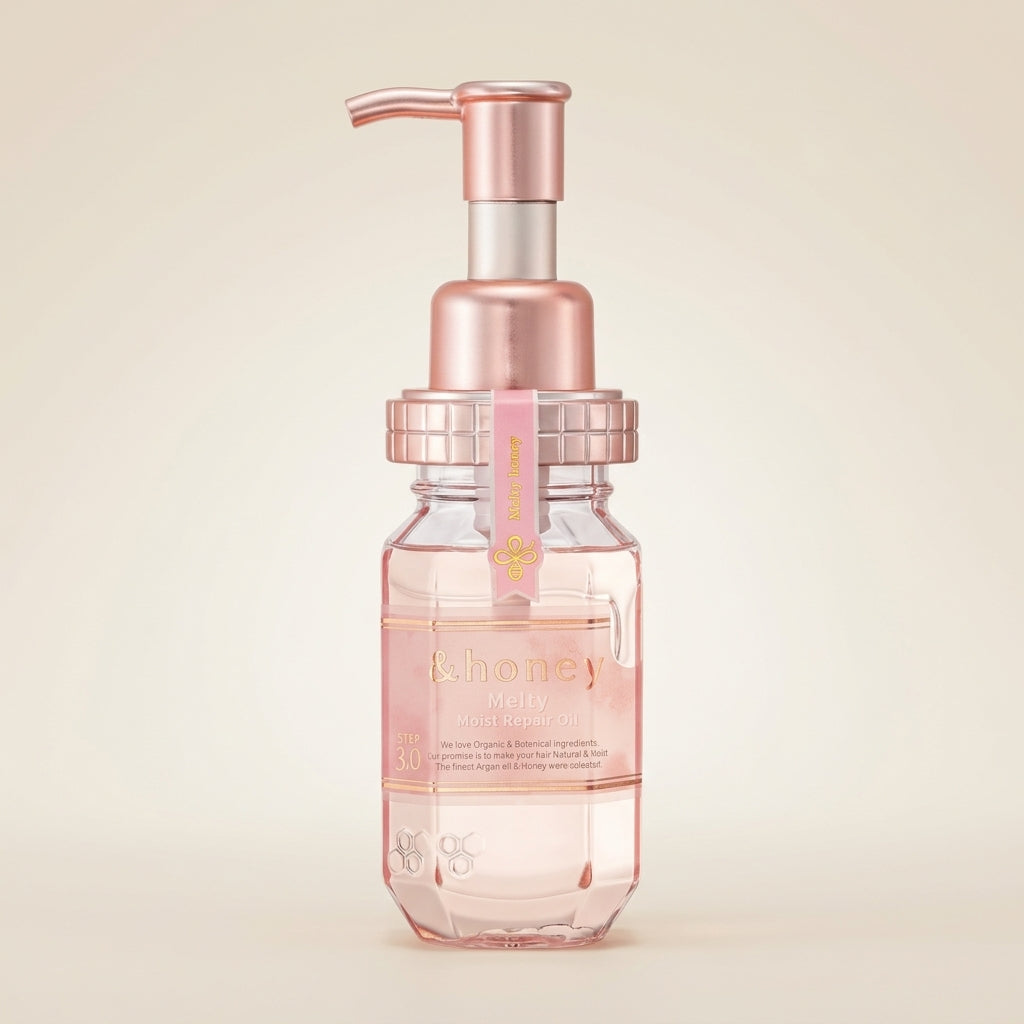 &honey Melty Moist Repair Hair Oil 3.0 100ml pink-tinted bottle, anti-frizz honey hair treatment.
