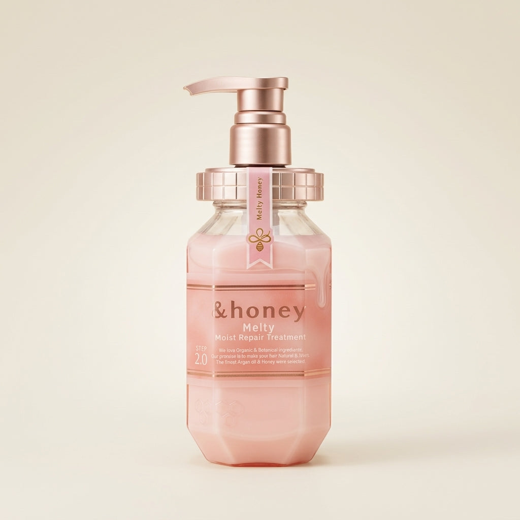 &honey Melty Moist Repair Hair Treatment 2.0 445g pump bottle, pink-gold honey hair conditioner.