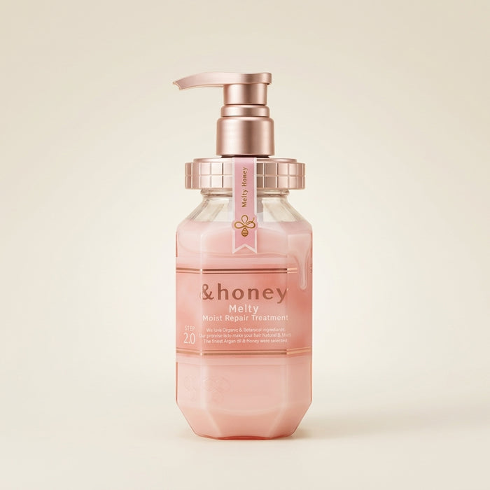 &honey Melty Moist Repair Hair Treatment 2.0 445g pump bottle, pink-gold honey hair conditioner.