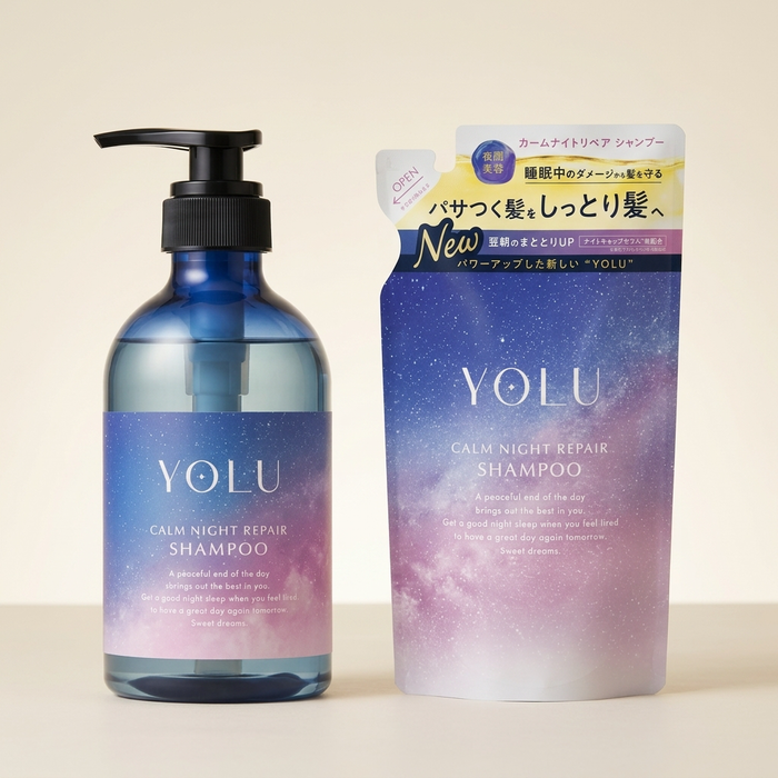 YOLU Calm Night Repair Shampoo 440ml navy blue bottle, premium Japanese nighttime hair care.
