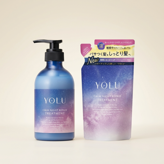 YOLU Calm Night Repair Treatment 440g navy blue pump bottle, premium Japanese nighttime hair treatment