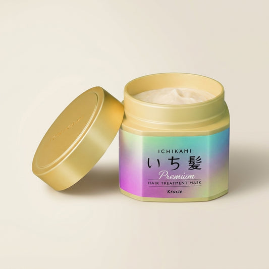 Kracie Ichikami Premium Hair Treatment Mask 200g jar, black and gold luxury Japanese hair repair treatment.