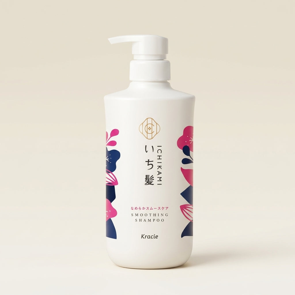 Ichikami Smoothing Shampoo 480ml pump bottle, white and black Japanese botanical hair care