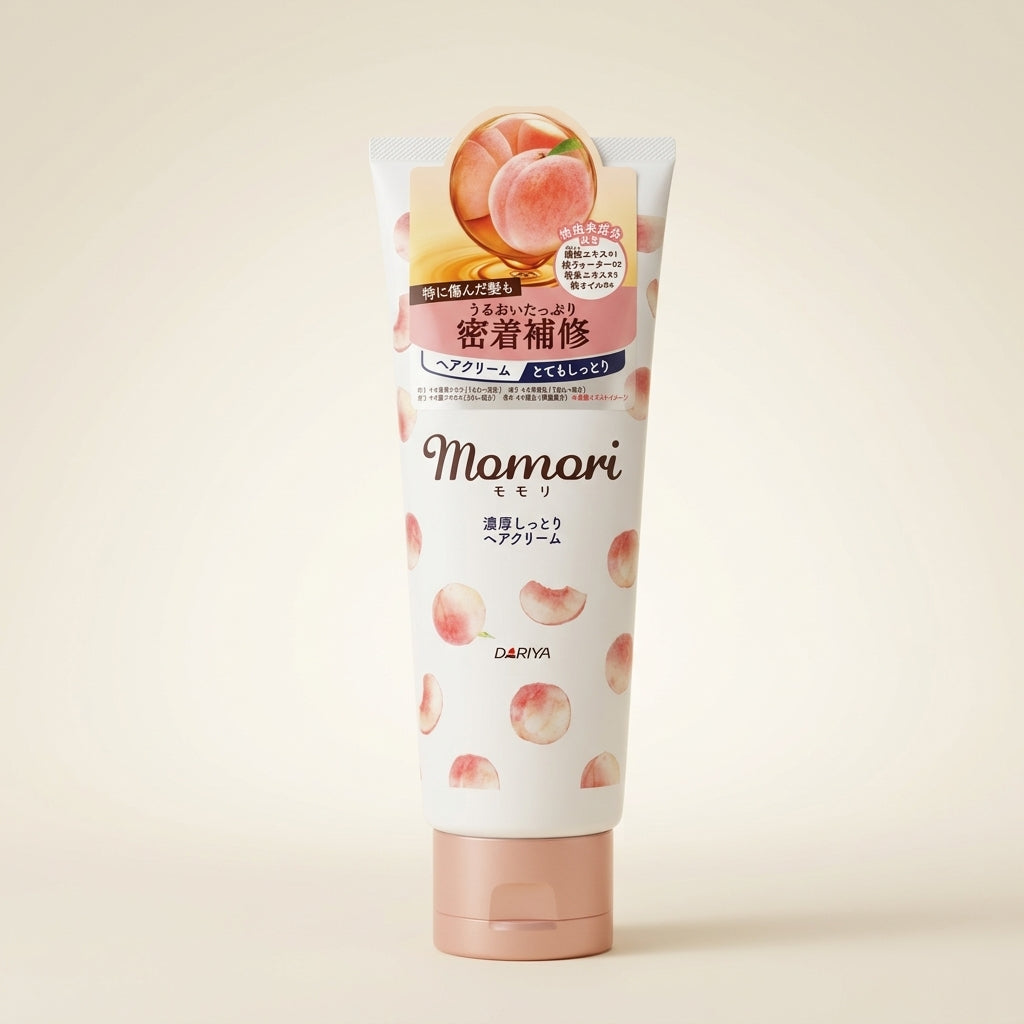 Momori Rich Moisturizing Hair Cream 150g tube, vibrant pink Japanese intensive hair repair cream with peach oil
