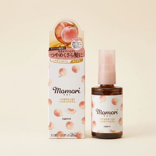 DARIYA Momori Peach Rich Shiny Hair Oil Serum 60ml clear pink bottle, glossy Japanese hair serum with peach oil.