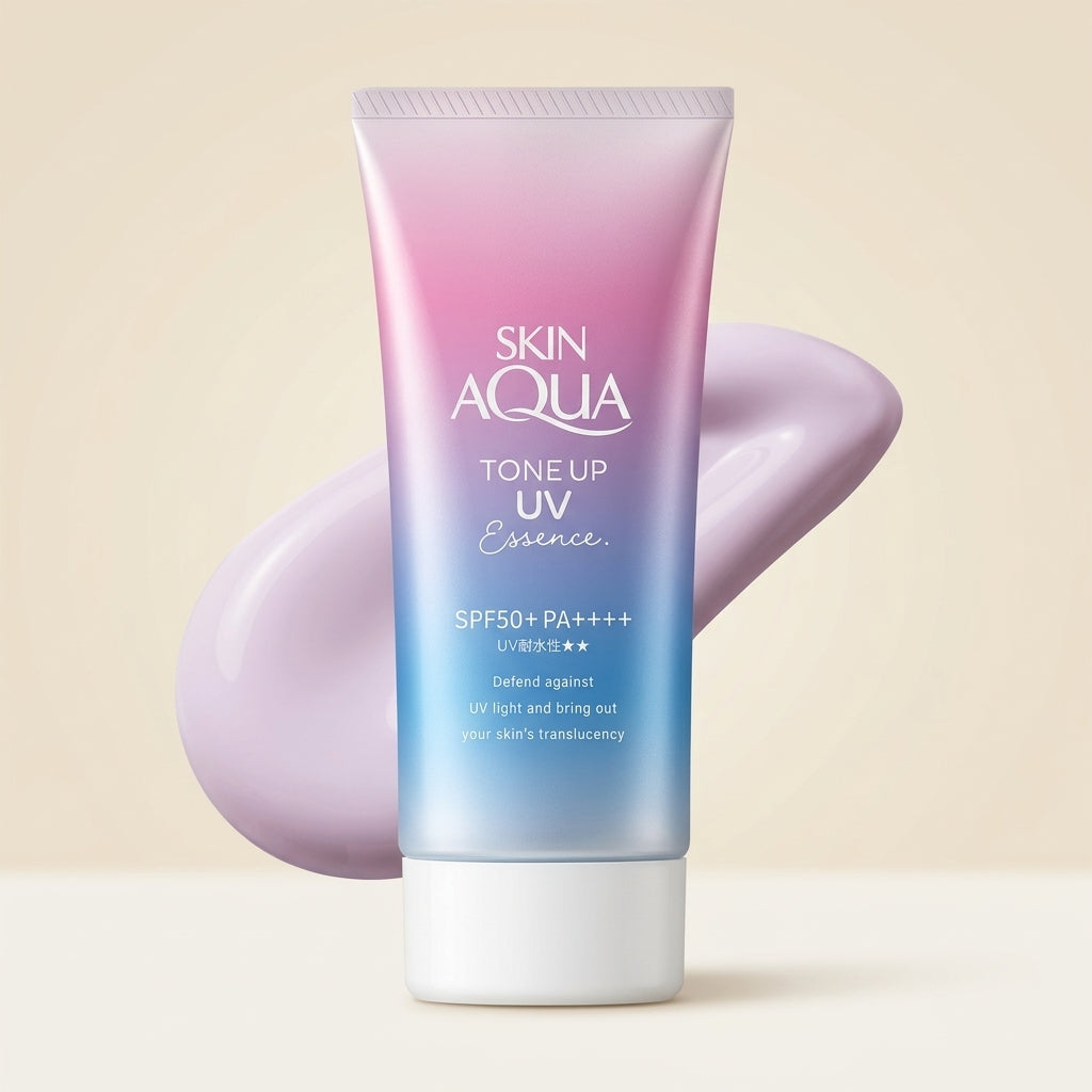 Skin Aqua Tone Up UV Essence Lavender 80g tube, iridescent lavender and blue Japanese color-correcting sunscreen.