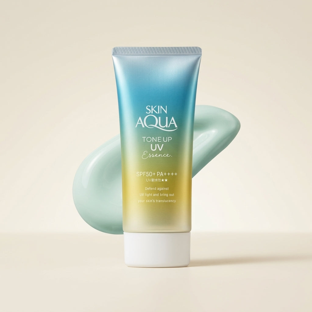 Skin Aqua Tone Up UV Essence Mint Green 80g tube, iridescent mint and blue Japanese color-correcting sunscreen.