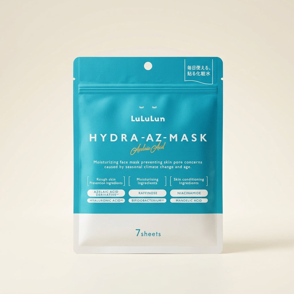 LuLuLun Hydra AZ Face Mask 7 sheets blue resealable pouch, premium Japanese soothing sheet masks with Azelaic Acid.
