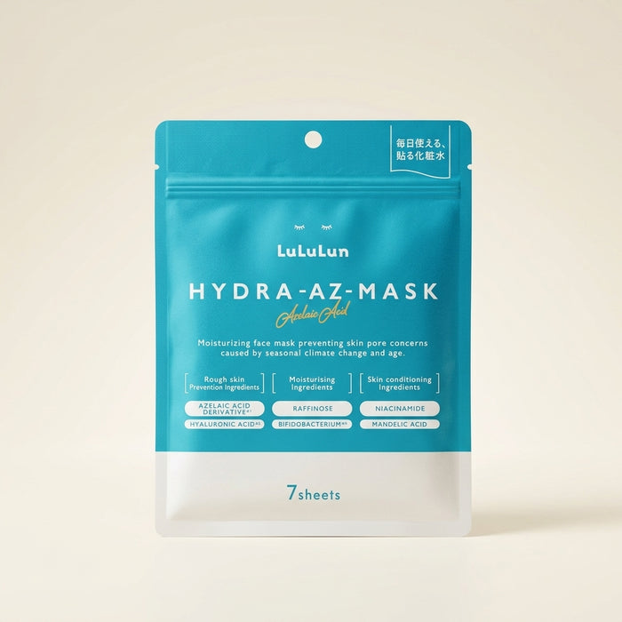 LuLuLun Hydra AZ Face Mask 7 sheets blue resealable pouch, premium Japanese soothing sheet masks with Azelaic Acid.