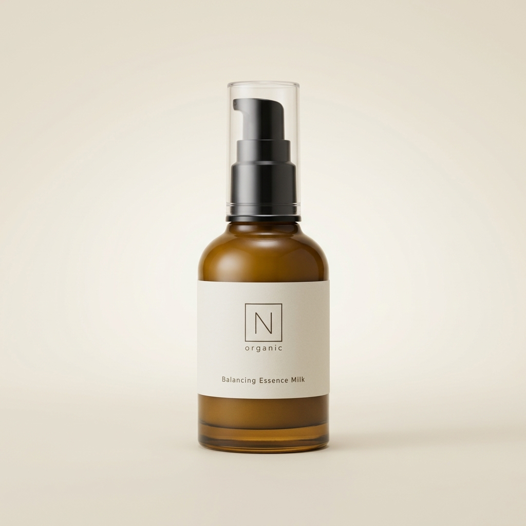N organic Basic Balancing Essence Milk 100ml amber glass bottle, luxury Japanese botanical face milk.