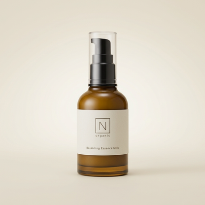 N organic Basic Balancing Essence Milk 100ml amber glass bottle, luxury Japanese botanical face milk.
