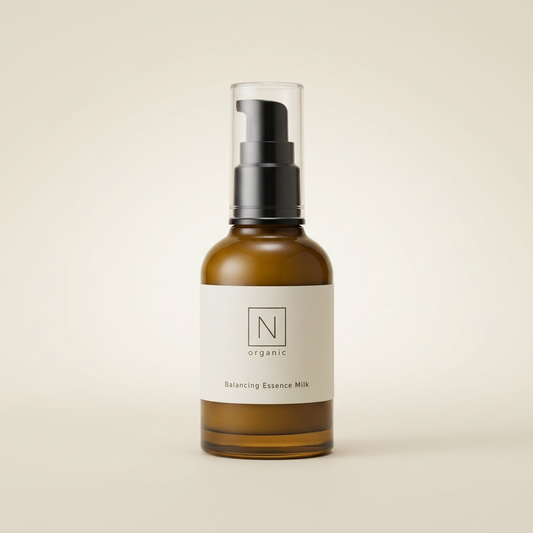 N organic Basic Balancing Essence Milk 100ml amber glass bottle, luxury Japanese botanical face milk.