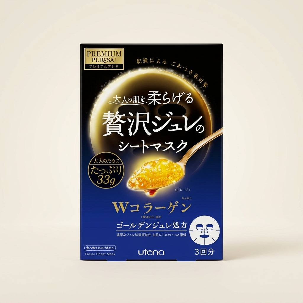 Utena Premium Puresa Golden Jelly Mask Collagen 3 sheets red and gold box, luxury Japanese anti-aging jelly mask.