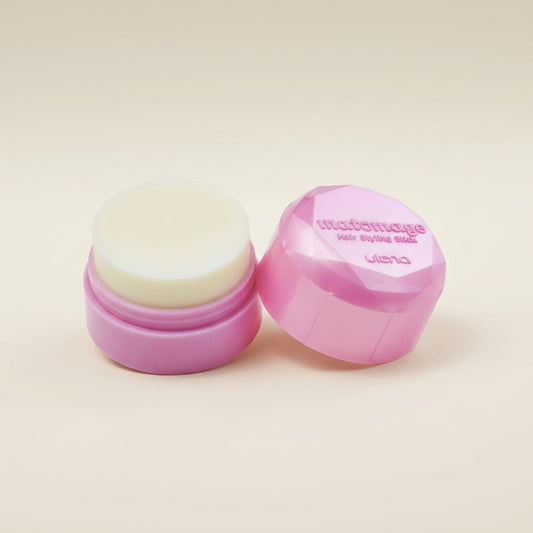 Utena Matomage Hair Styling Stick Regular 13g pink circular container, portable Japanese hair wax for flyaways.