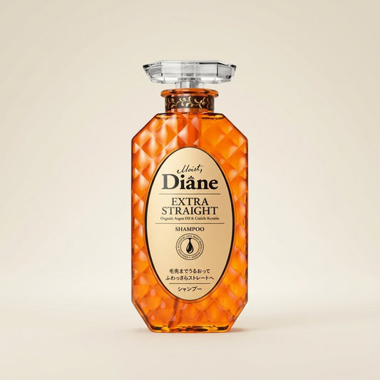 Moist Diane Extra Straight Shampoo 450ml sleek gold-accented pump bottle, Japanese professional smoothing hair wash.