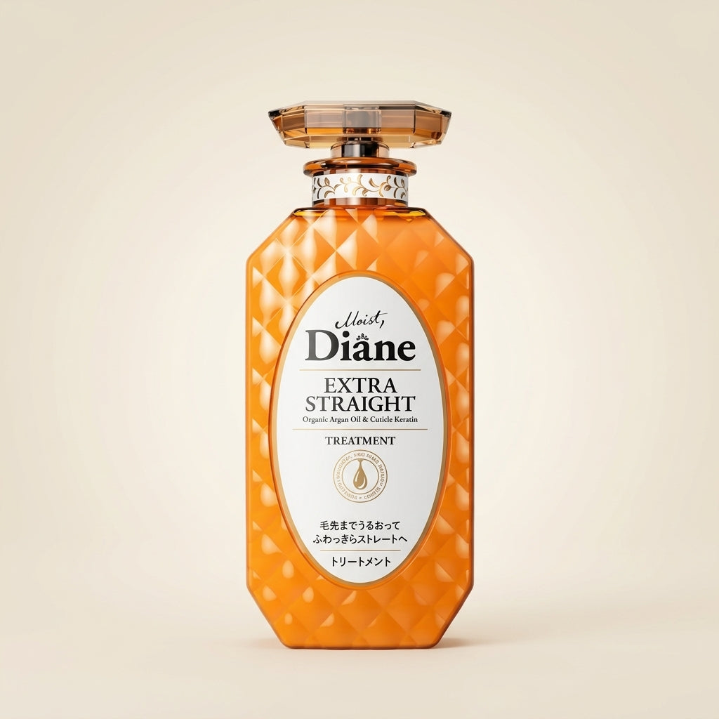 Moist Diane Extra Straight Treatment 450ml elegant gold-labeled pump bottle, luxury Japanese smoothing hair treatment.