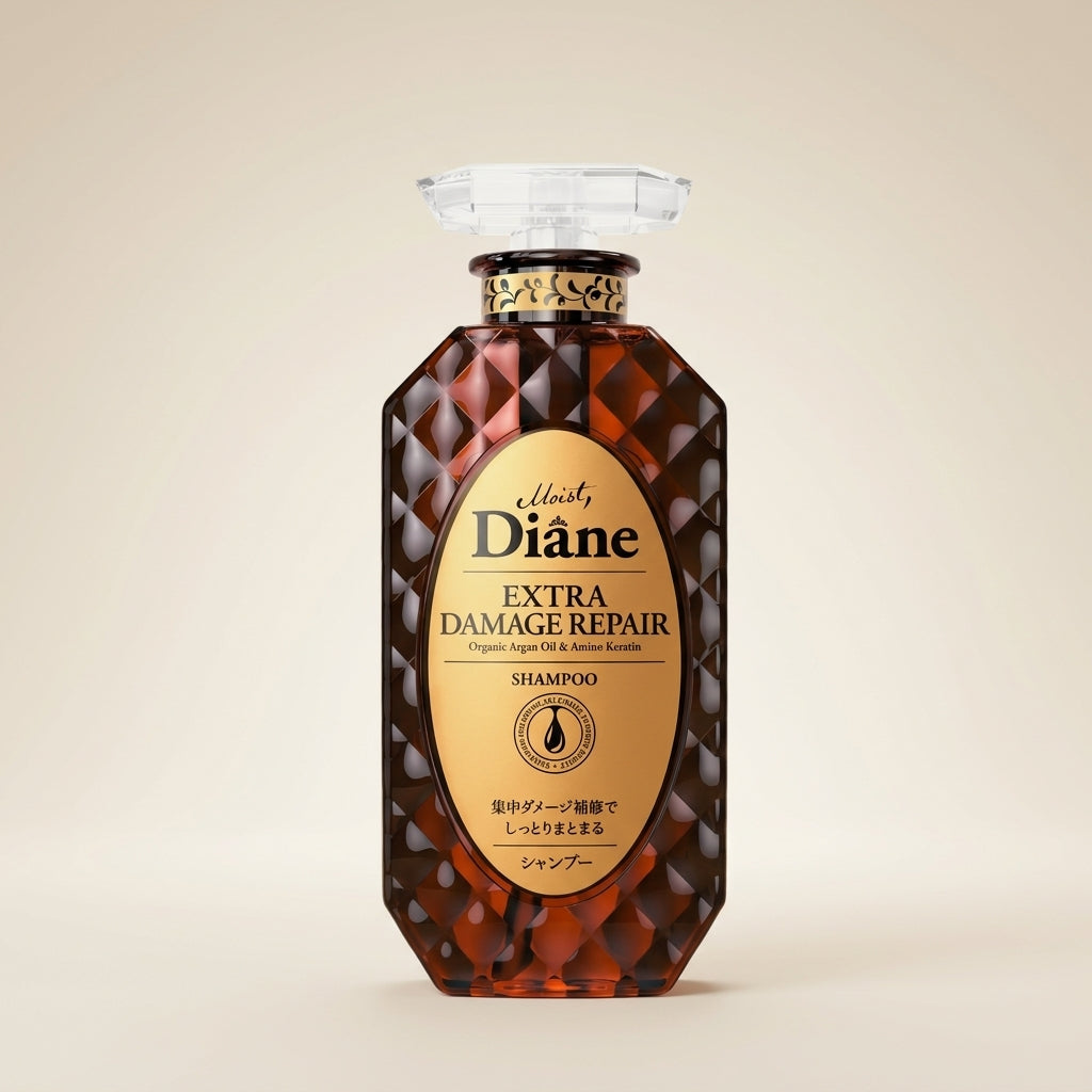 Moist Diane Extra Damage Repair Shampoo 450ml elegant black pump bottle with gold labels, Japanese professional repair hair wash.