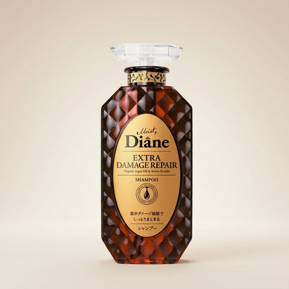 Moist Diane Extra Damage Repair Shampoo 450ml elegant black pump bottle with gold labels, Japanese professional repair hair wash.
