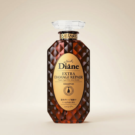 Moist Diane Extra Damage Repair Shampoo 450ml elegant black pump bottle with gold labels, Japanese professional repair hair wash.