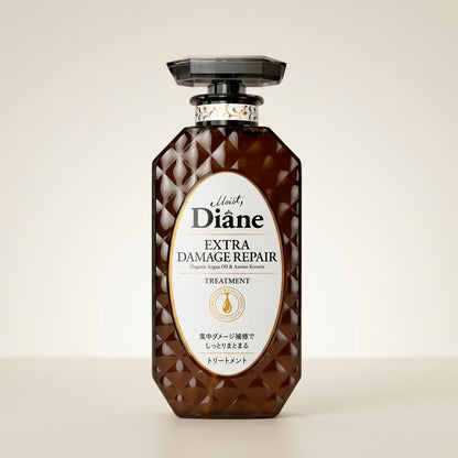 Moist Diane Extra Damage Repair Treatment 450ml elegant black and gold pump bottle, luxury Japanese intensive repair conditioner.