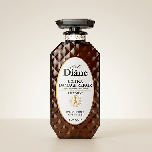 Moist Diane Extra Damage Repair Treatment 450ml elegant black and gold pump bottle, luxury Japanese intensive repair conditioner.
