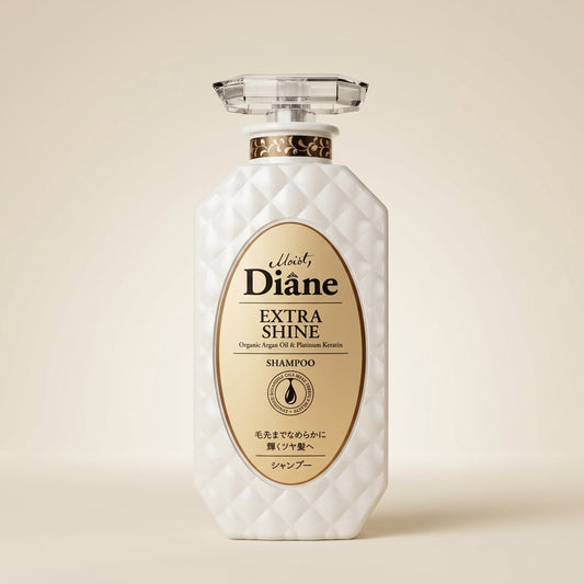 Moist Diane Extra Shine Shampoo 450ml holographic-accented bronze pump bottle, Japanese professional gloss-enhancing hair wash.