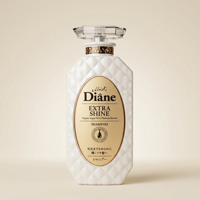 Moist Diane Extra Shine Shampoo 450ml holographic-accented bronze pump bottle, Japanese professional gloss-enhancing hair wash.