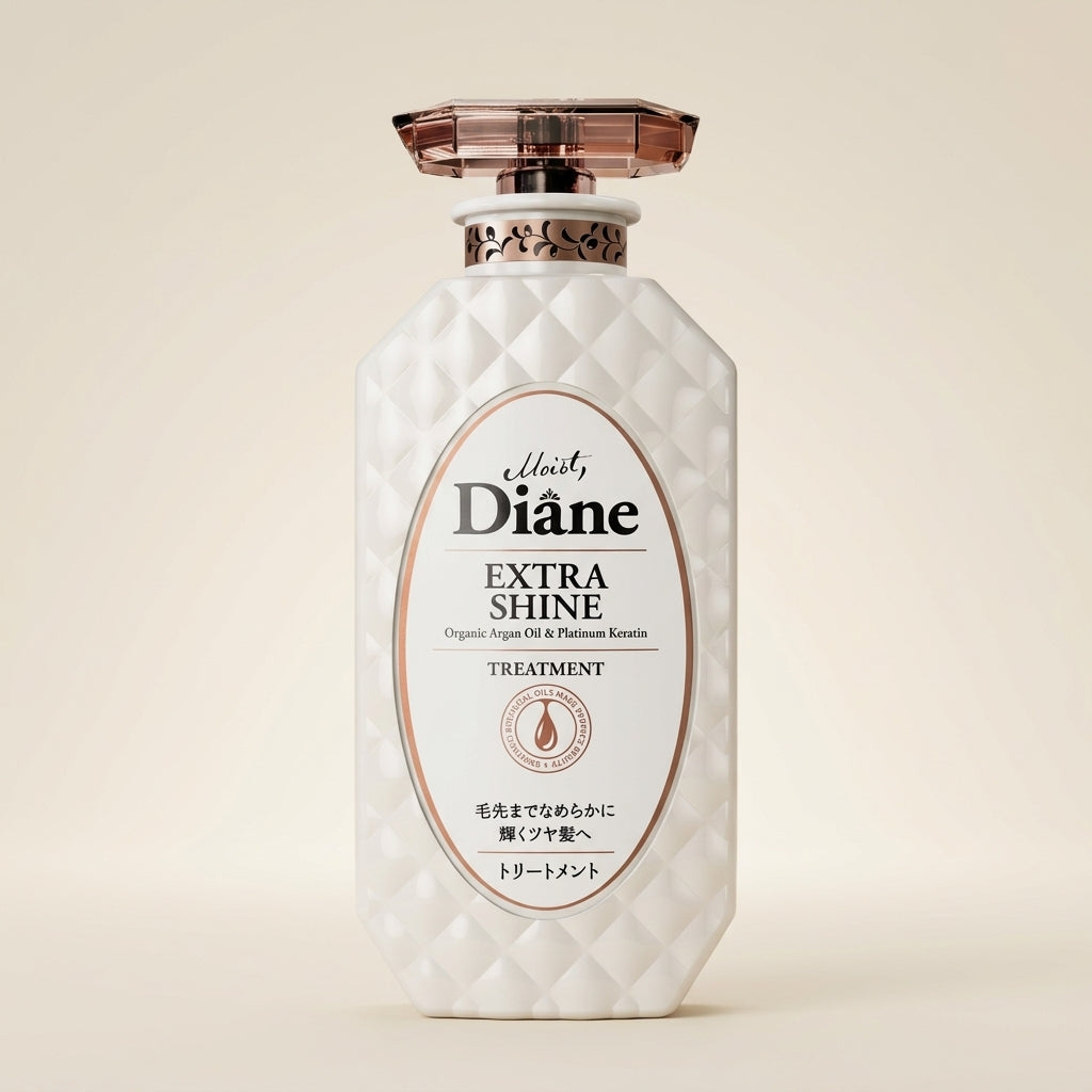 Moist Diane Extra Shine Treatment 450ml elegant bronze pump bottle, professional Japanese gloss-enhancing hair treatment.