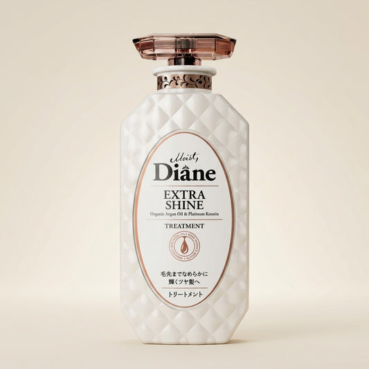 Moist Diane Extra Shine Treatment 450ml elegant bronze pump bottle, professional Japanese gloss-enhancing hair treatment.