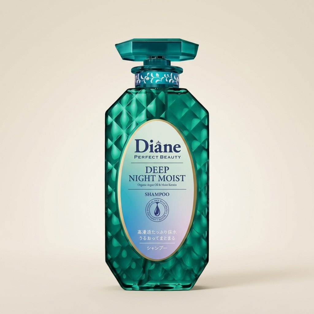 Moist Diane Deep Night Moist Shampoo 450ml elegant deep navy pump bottle with gold accents, Japanese professional nighttime hair wash.