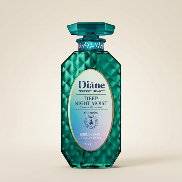 Moist Diane Deep Night Moist Shampoo 450ml elegant deep navy pump bottle with gold accents, Japanese professional nighttime hair wash.