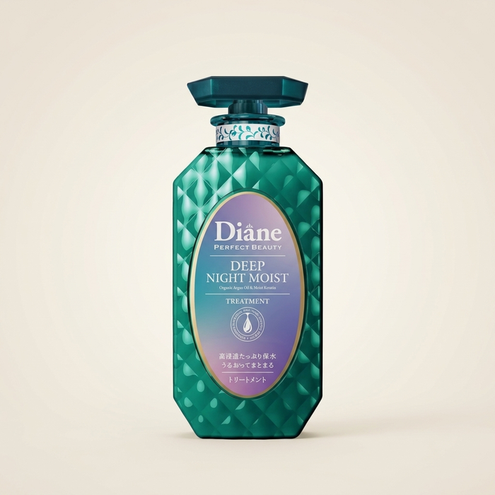 Moist Diane Deep Night Moist Treatment 450ml elegant deep navy pump bottle with gold accents, luxury Japanese nighttime hair repair conditioner