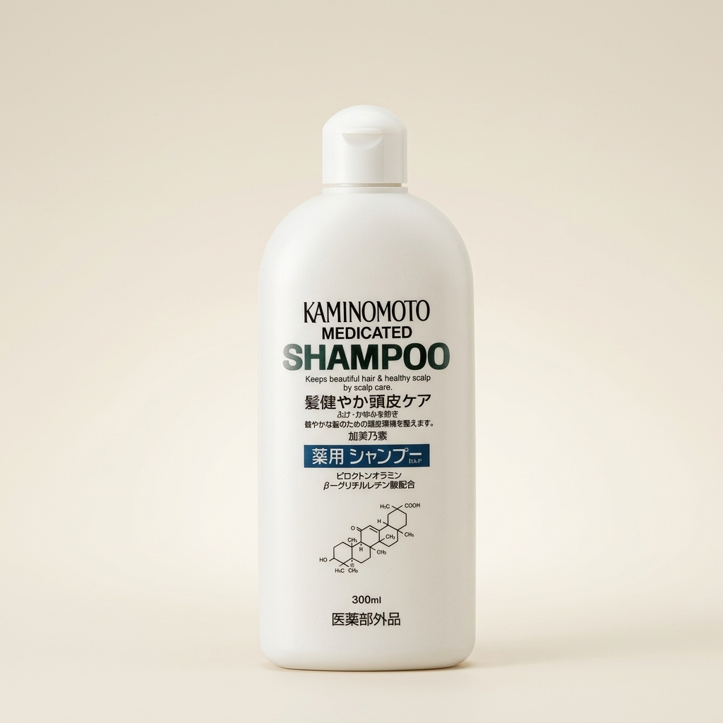 Kaminomoto Medicated Shampoo 300ml blue and white bottle, professional Japanese scalp-care and anti-hair loss shampoo.