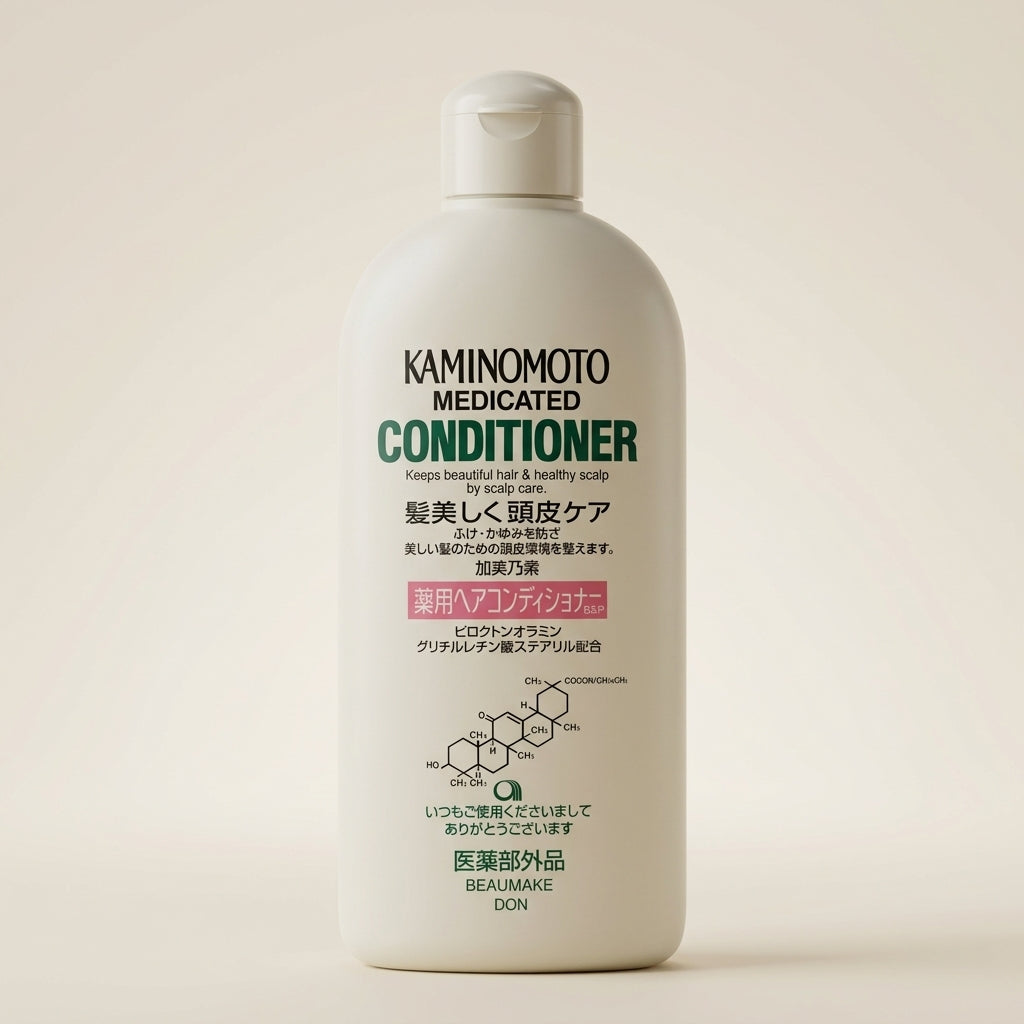 Kaminomoto Medicated Conditioner 300ml white bottle with green accents, Japanese medicated scalp-care conditioner.