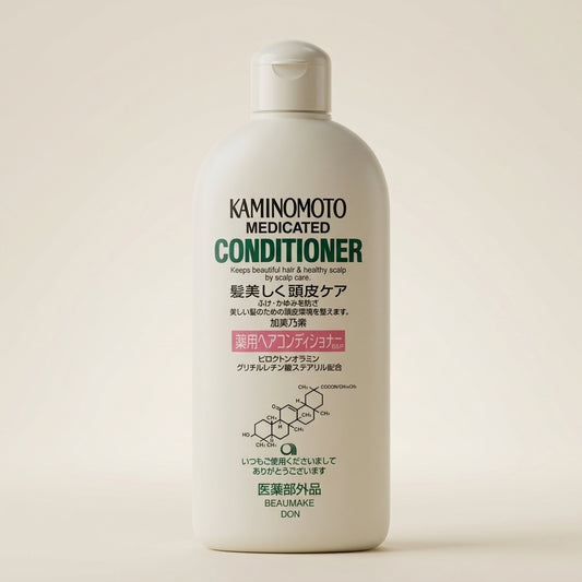 Kaminomoto Medicated Conditioner 300ml white bottle with green accents, Japanese medicated scalp-care conditioner.