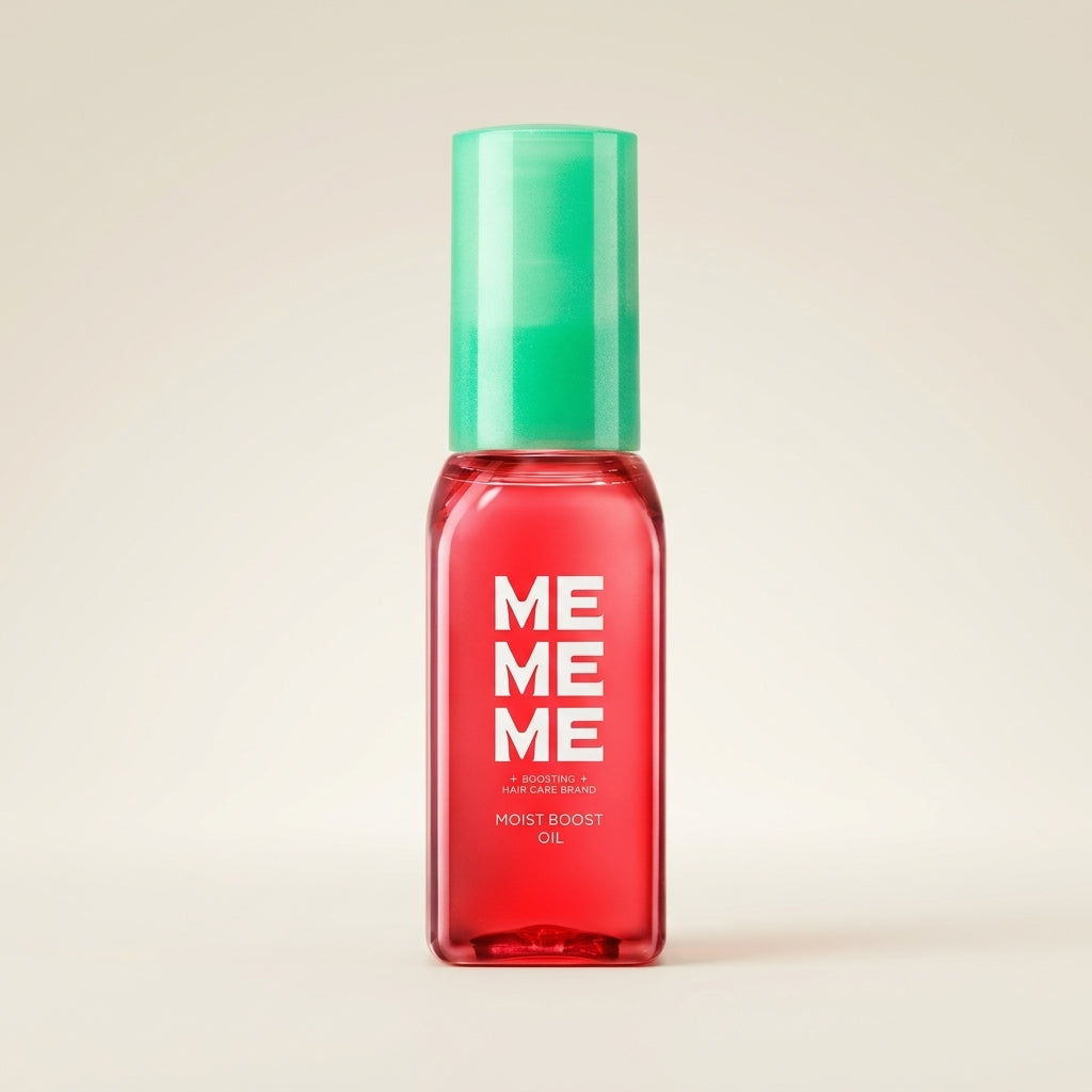 MEMEME Moist Boost Oil 60ml elegant glass pump bottle, luxury Japanese finishing hair oil for shine and protection.