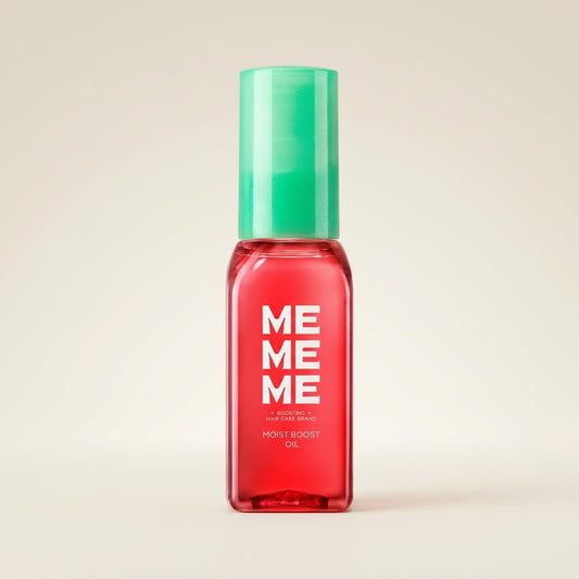 MEMEME Moist Boost Oil 60ml elegant glass pump bottle, luxury Japanese finishing hair oil for shine and protection.
