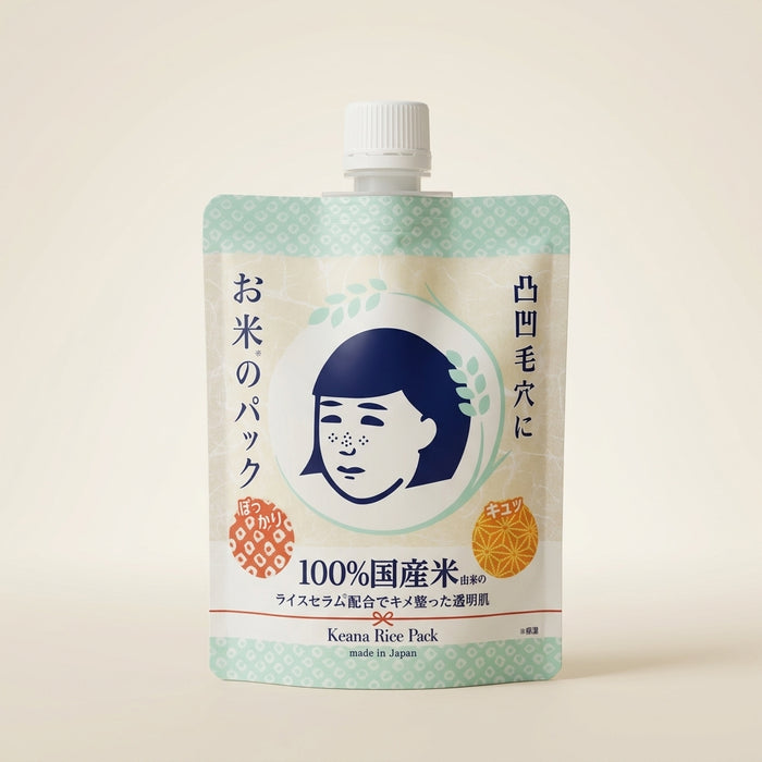 Ishizawa Lab Keana Rice Pack 170g white squeeze pouch with blue illustration, Japanese pore-refining wash-off mask.