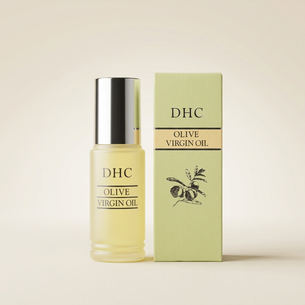 DHC Olive Virgin Oil 30ml elegant glass bottle with gold cap, pure organic Japanese facial oil for a healthy glow.